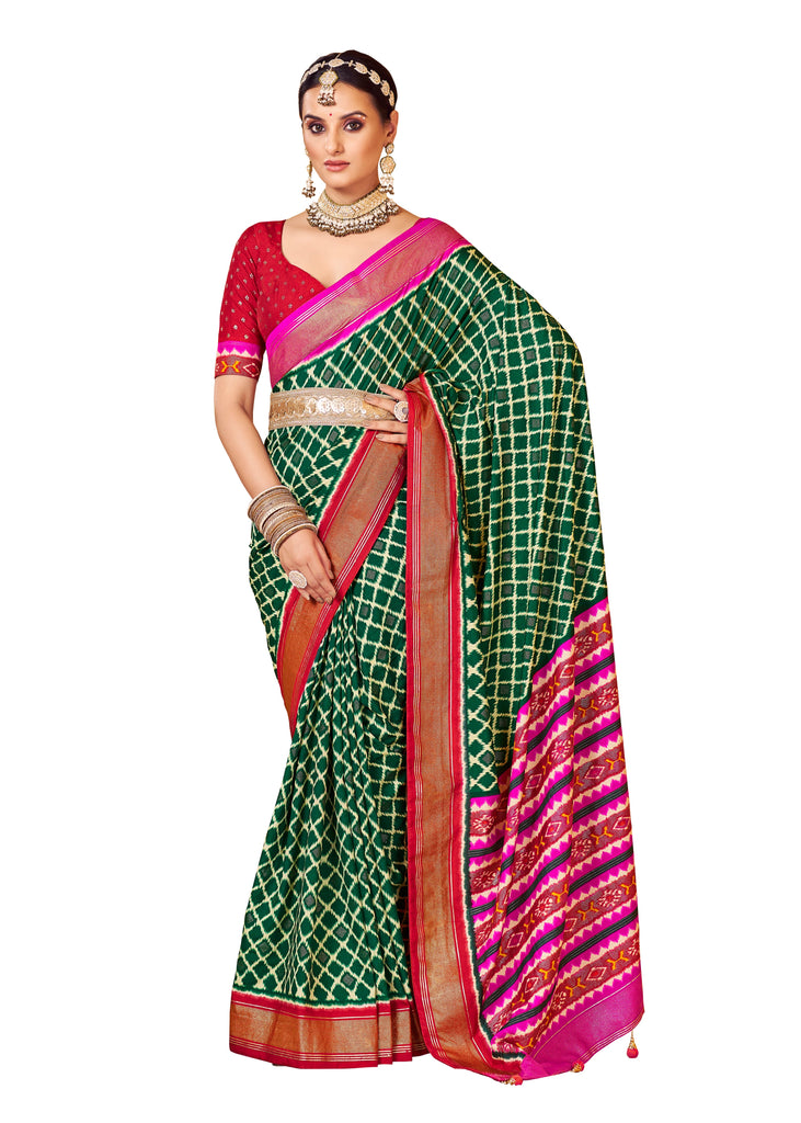 Traditional Ethnicwear Bottle Green Cotton Silk Abstract Print Saree