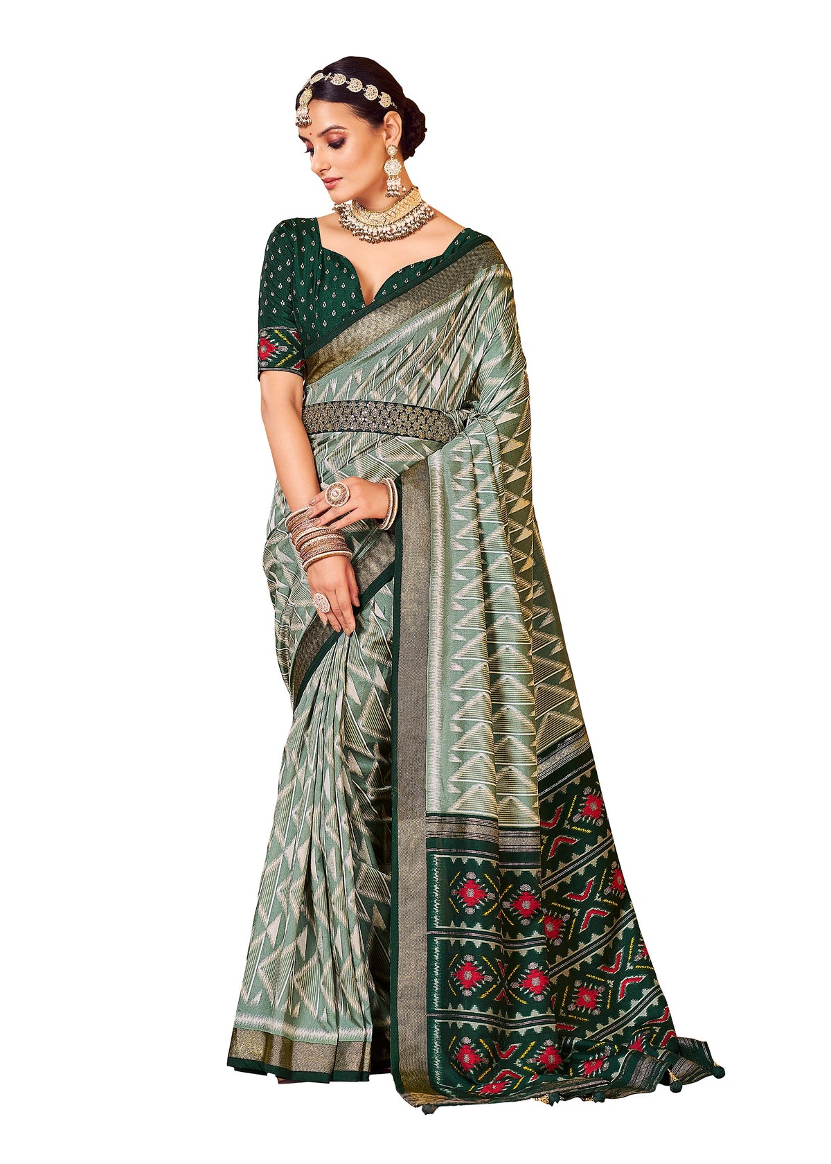 Olive Green Cotton Silk Abstract Print Saree