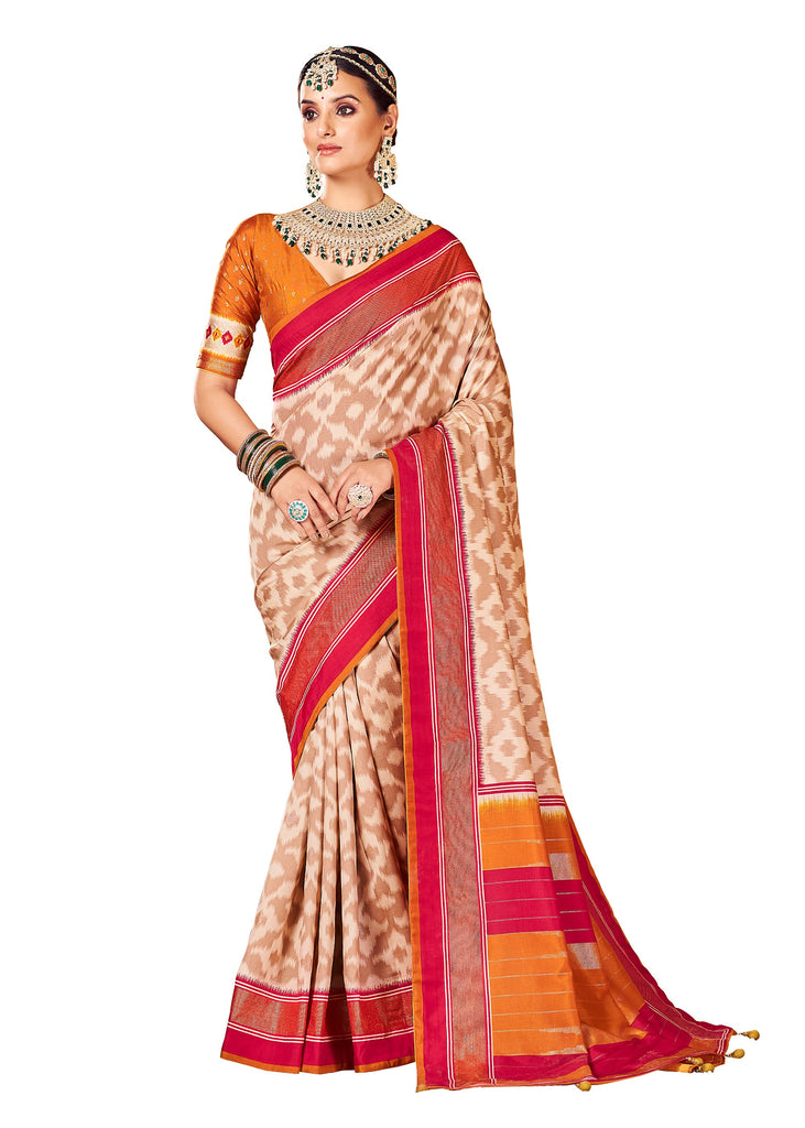 Traditional Ethnicwear Beige Cotton Silk Abstract Print Saree