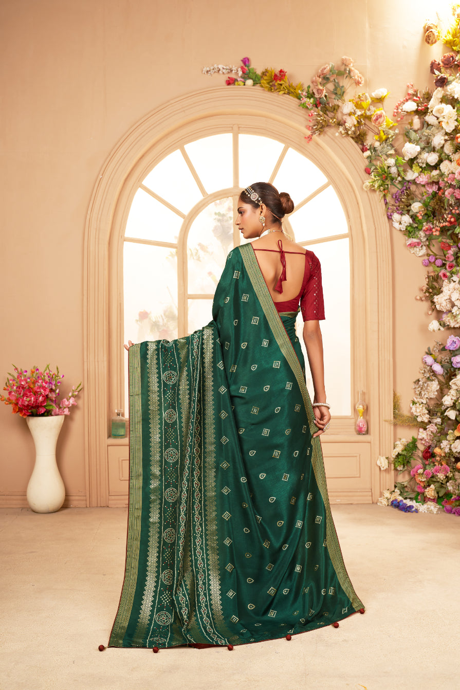 Lunar Green Cotton Silk Bandhani Print Saree