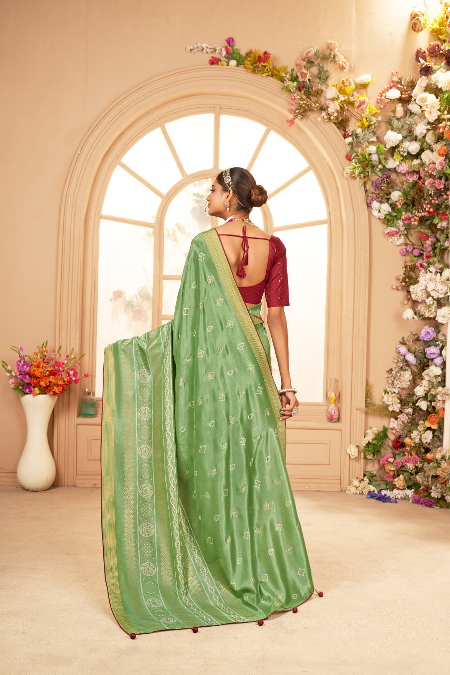 Dull Green Cotton Silk Bandhani Print Saree