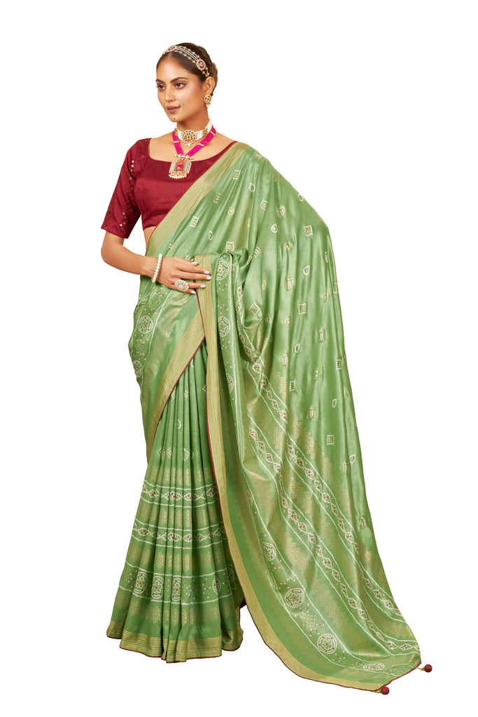 Traditional Ethnicwear Dull Green Cotton Silk Bandhani Print Saree