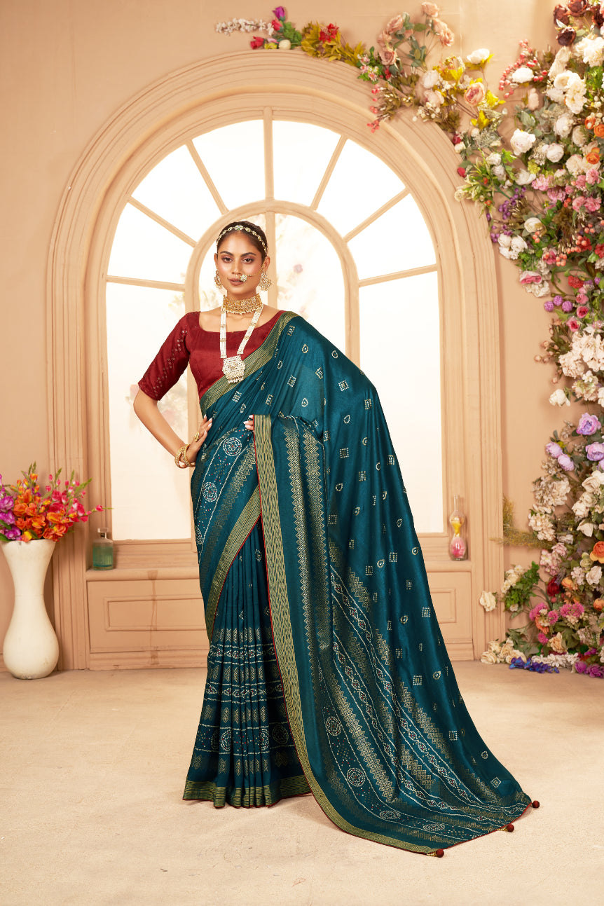 Peacock Blue Cotton Silk Bandhani Print Saree