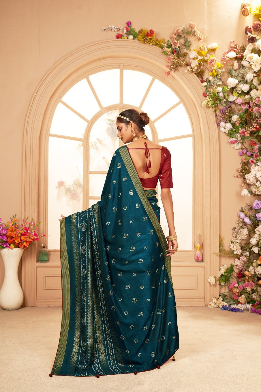 Peacock Blue Cotton Silk Bandhani Print Saree