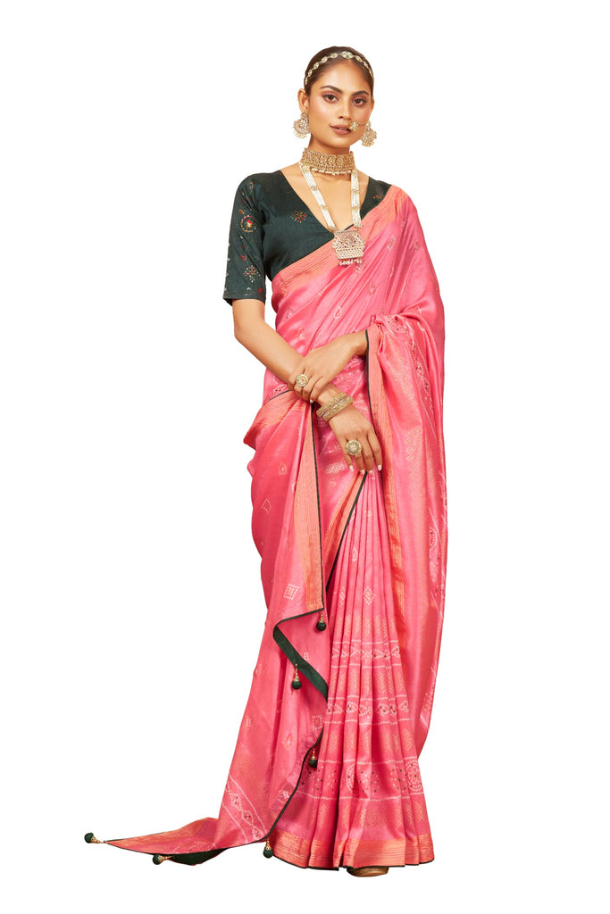 Traditional Ethnicwear Rose Pink Cotton Silk Bandhani Print Saree