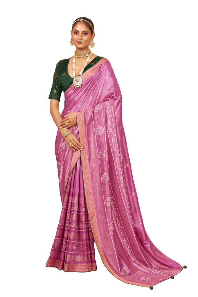 Traditional Ethnicwear Tulip Pink Cotton Silk Bandhani Print Saree