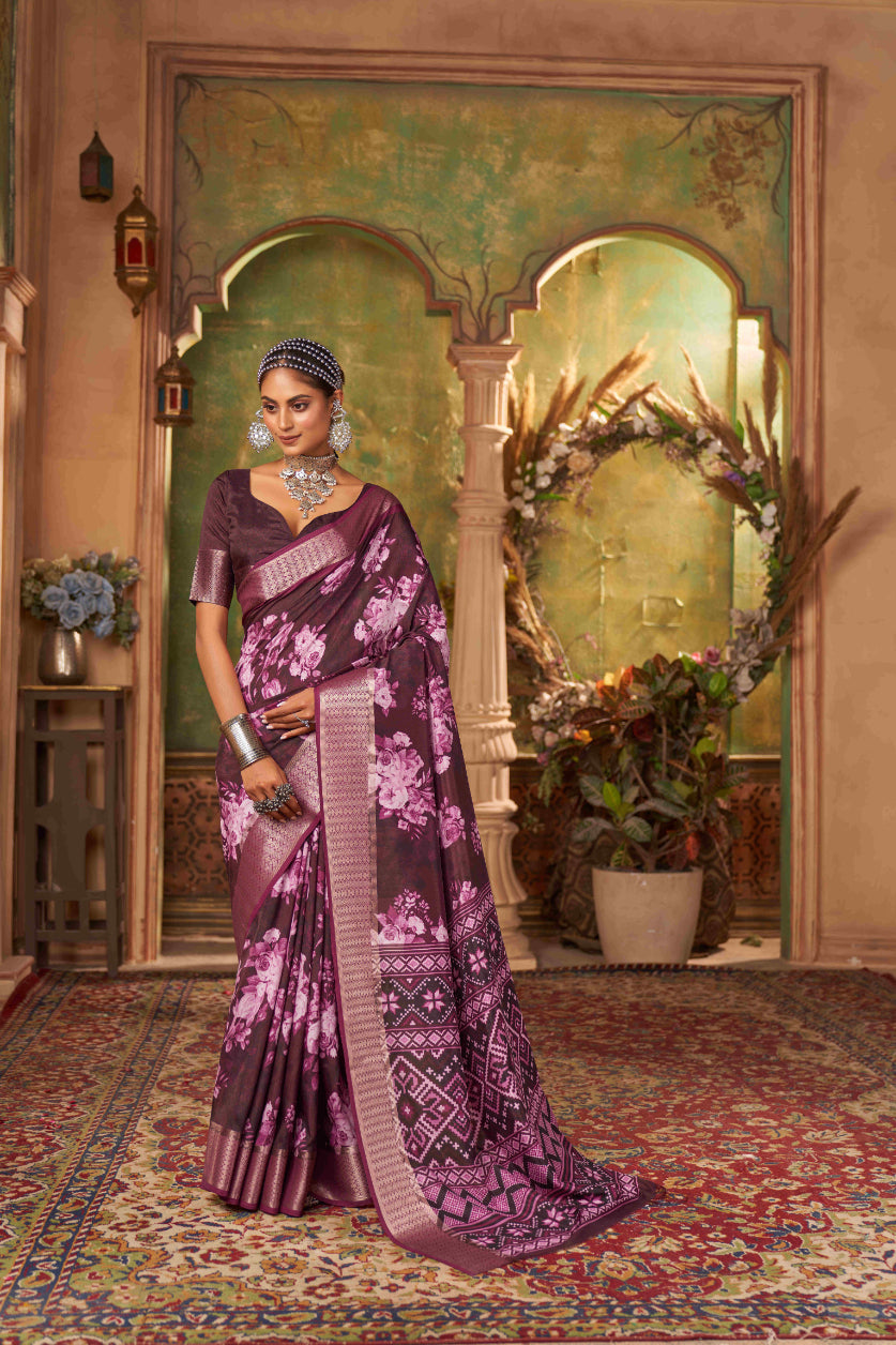 Wine Cotton Silk Digital Floral Print Saree