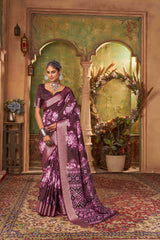 Wine Cotton Silk Digital Floral Print Saree