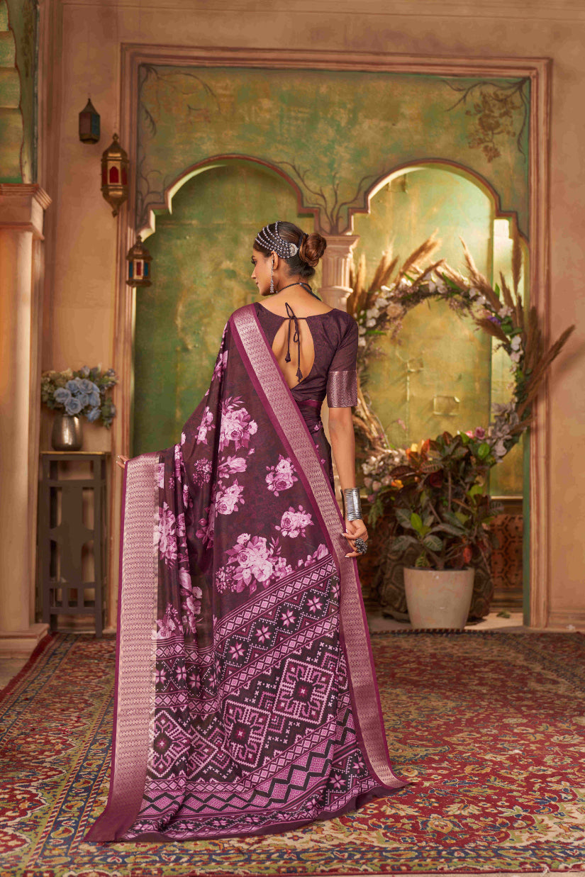 Wine Cotton Silk Digital Floral Print Saree