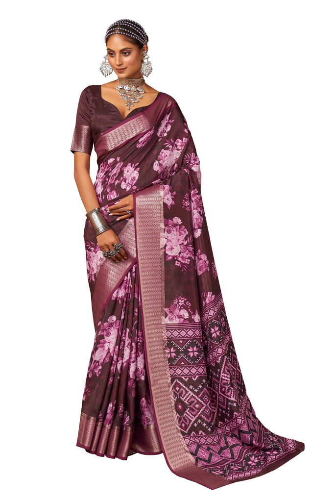 Traditional Ethnicwear Wine Cotton Silk Digital Floral Print Saree