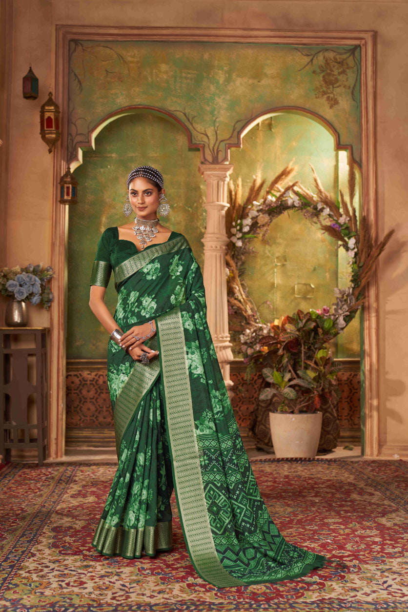 Pine Green Cotton Silk Digital Floral Print Saree