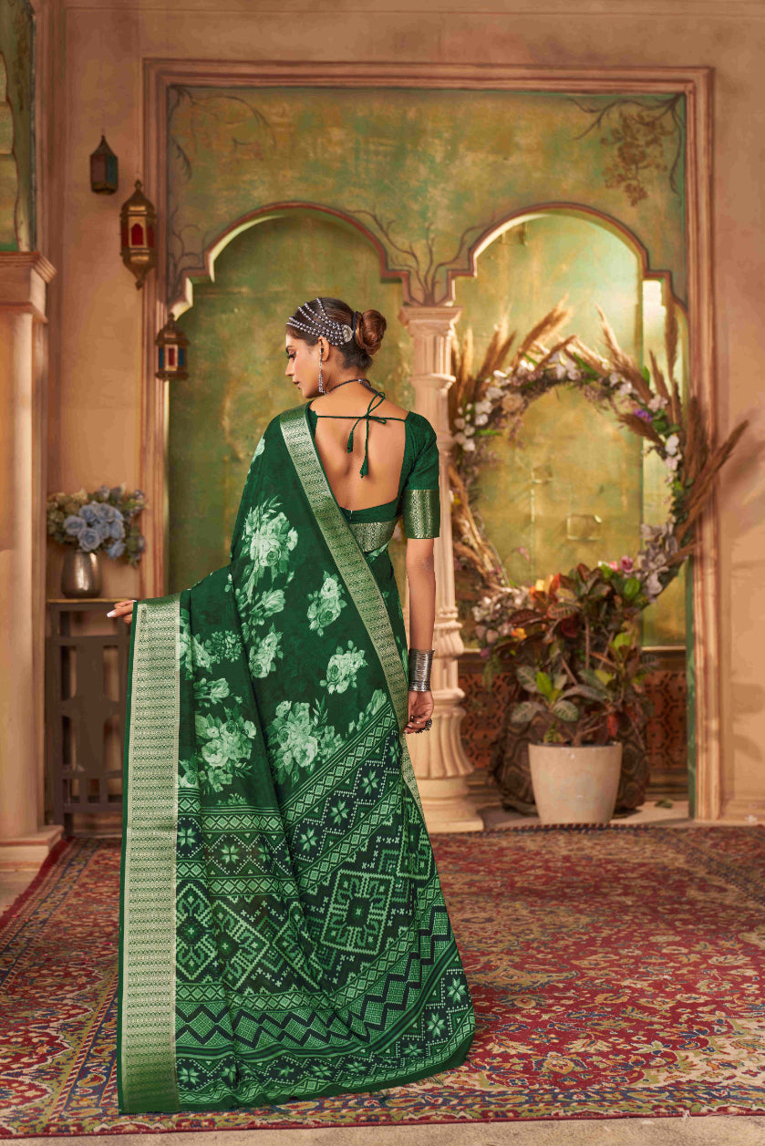 Pine Green Cotton Silk Digital Floral Print Saree