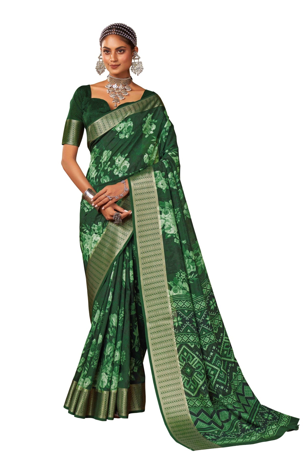 Pine Green Cotton Silk Digital Floral Print Saree