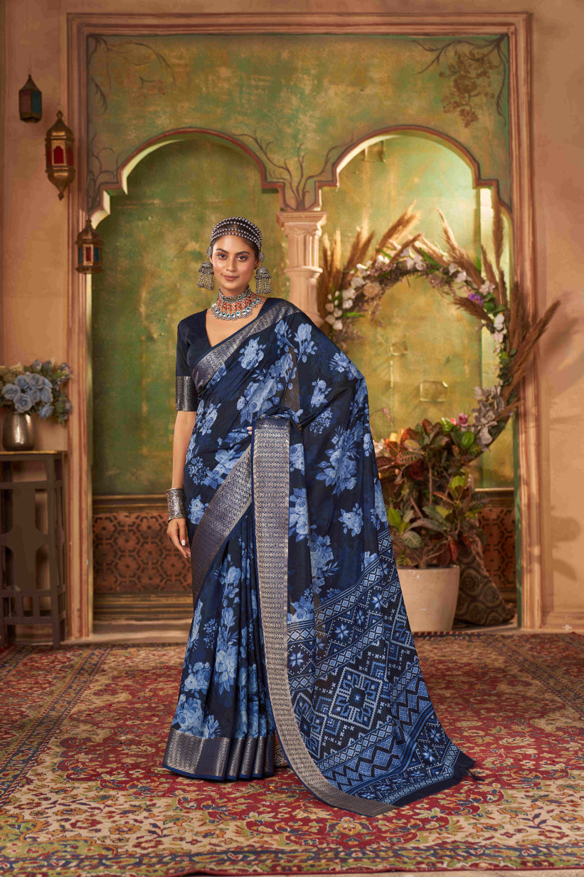 Blue Cotton Silk Digital Floral Print Saree