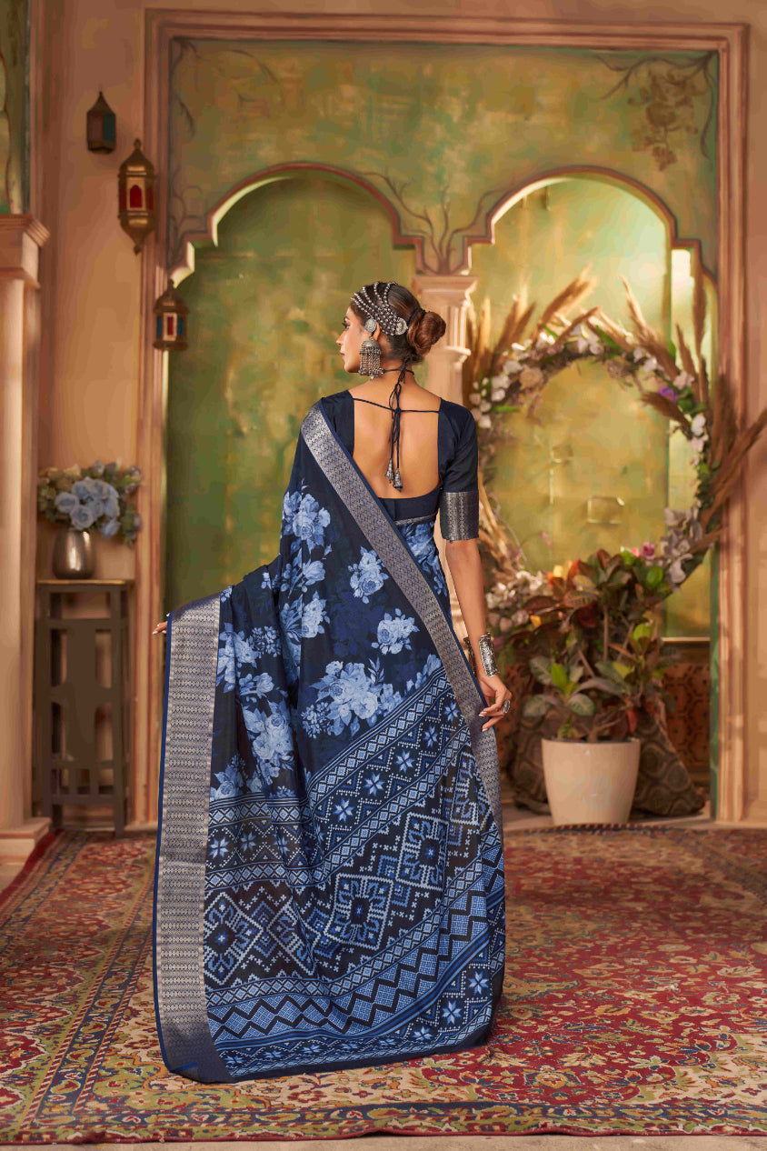 Blue Cotton Silk Digital Floral Print Saree