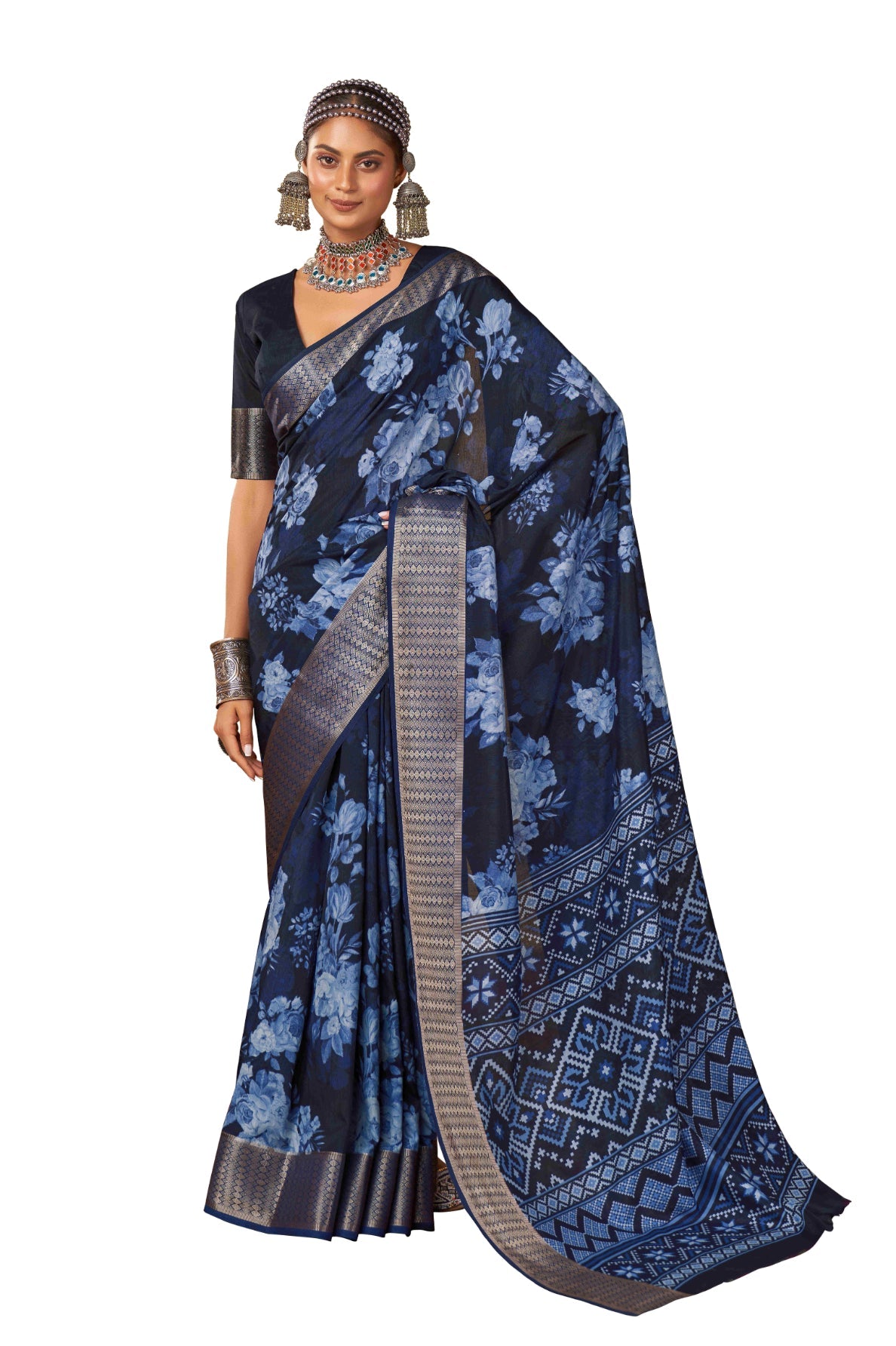 Blue Cotton Silk Digital Floral Print Saree