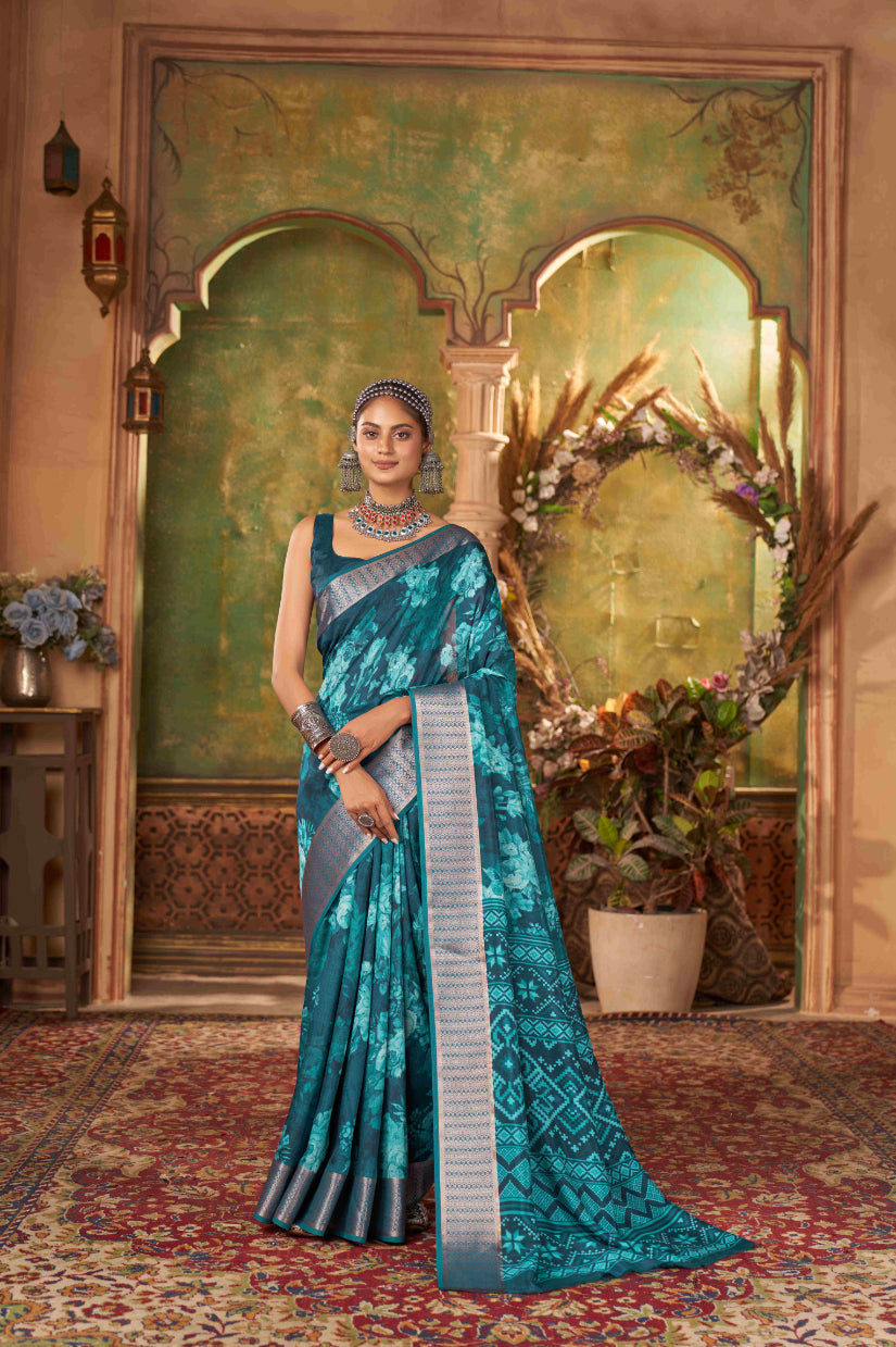 Sea Green Cotton Silk Digital Floral Print Saree