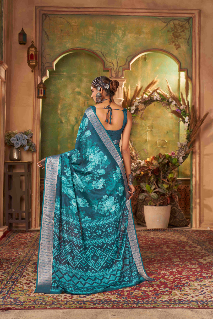 Sea Green Cotton Silk Digital Floral Print Saree