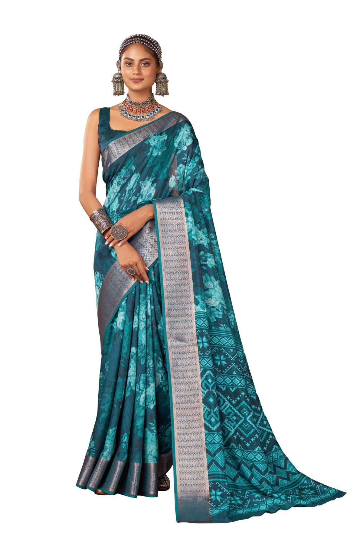 Sea Green Cotton Silk Digital Floral Print Saree