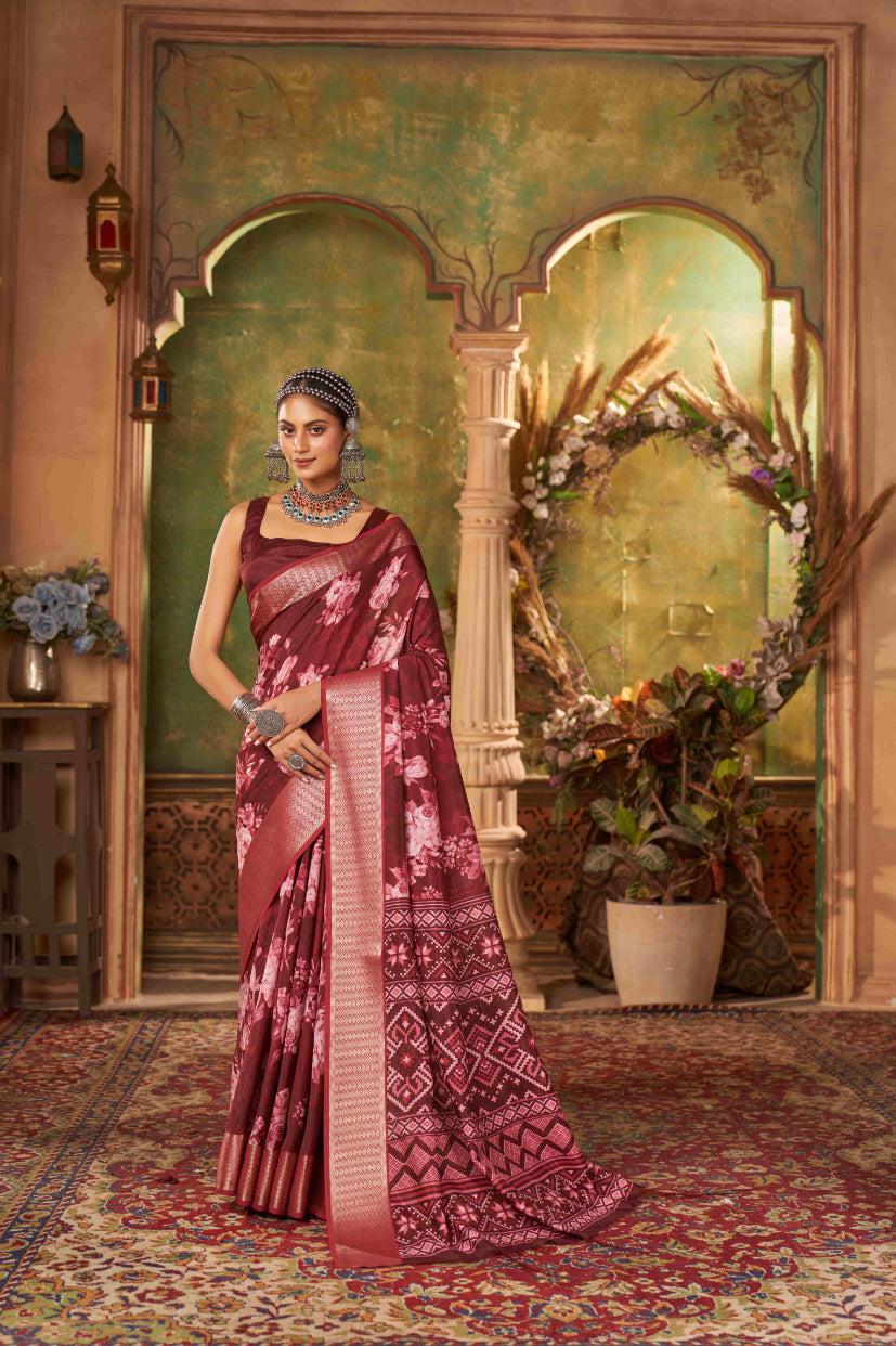 Vivid Burgundy Cotton Silk Digital Floral Print Saree