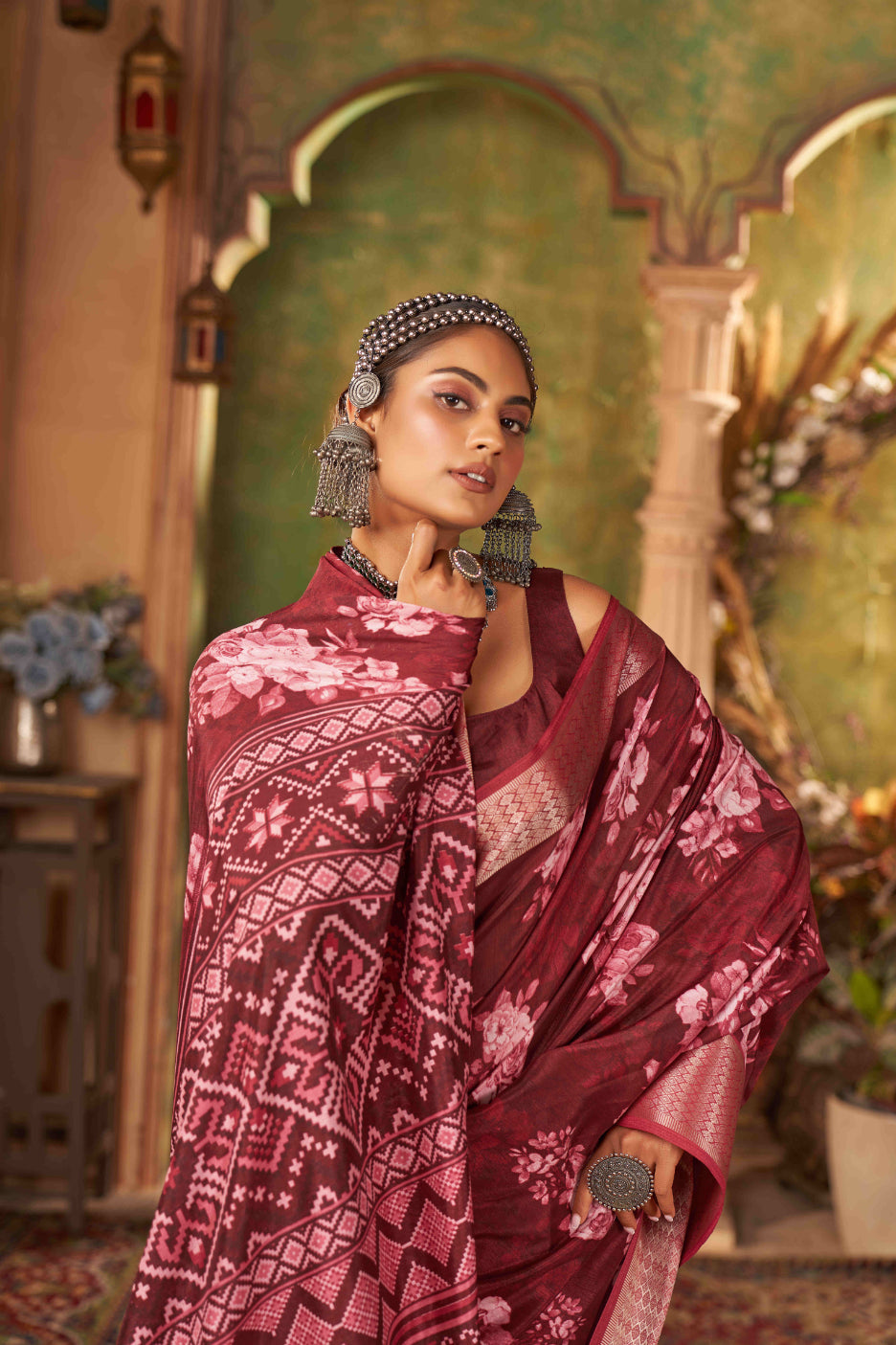 Vivid Burgundy Cotton Silk Digital Floral Print Saree