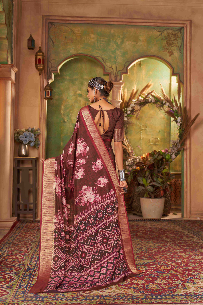 Vivid Burgundy Cotton Silk Digital Floral Print Saree