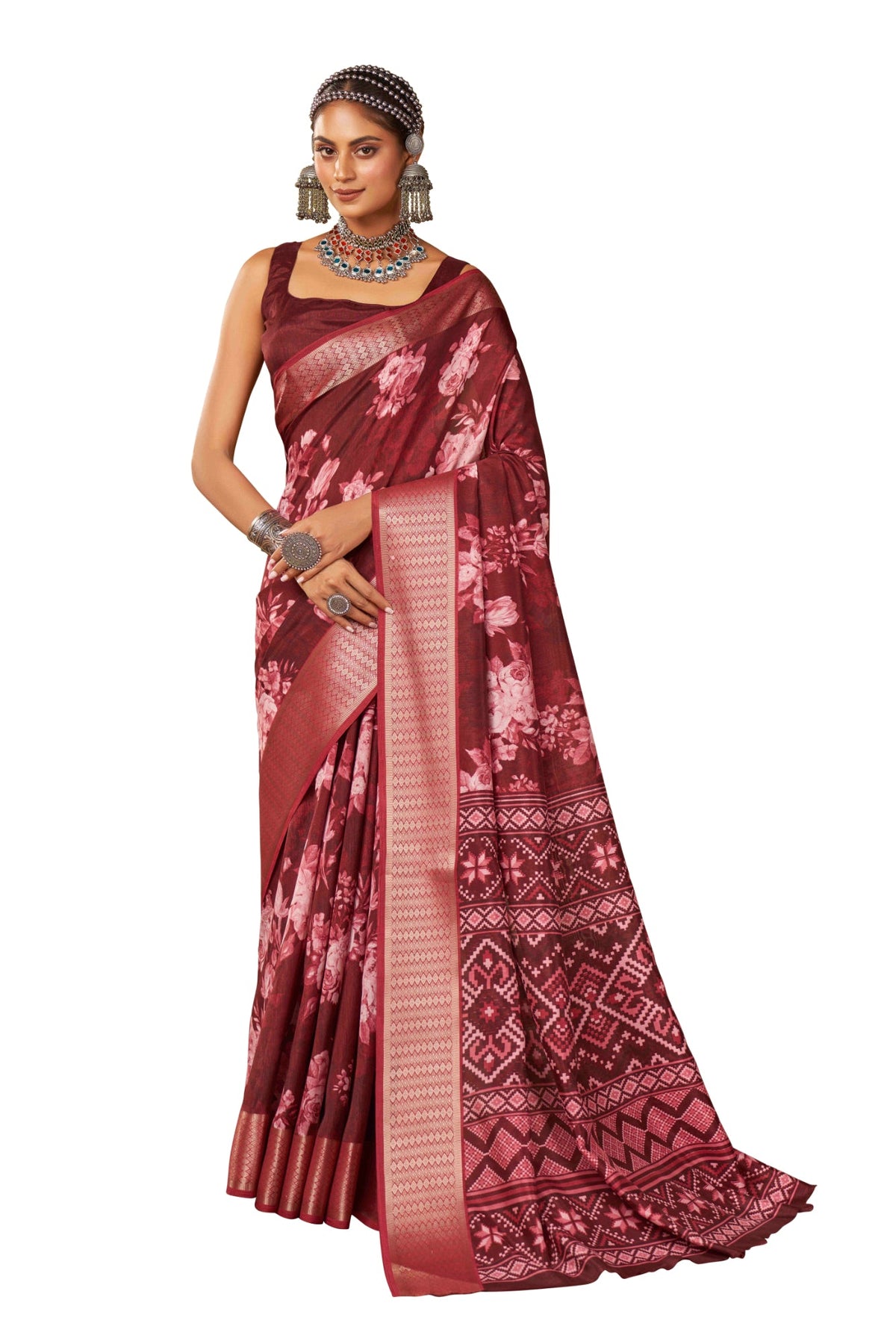 Vivid Burgundy Cotton Silk Digital Floral Print Saree