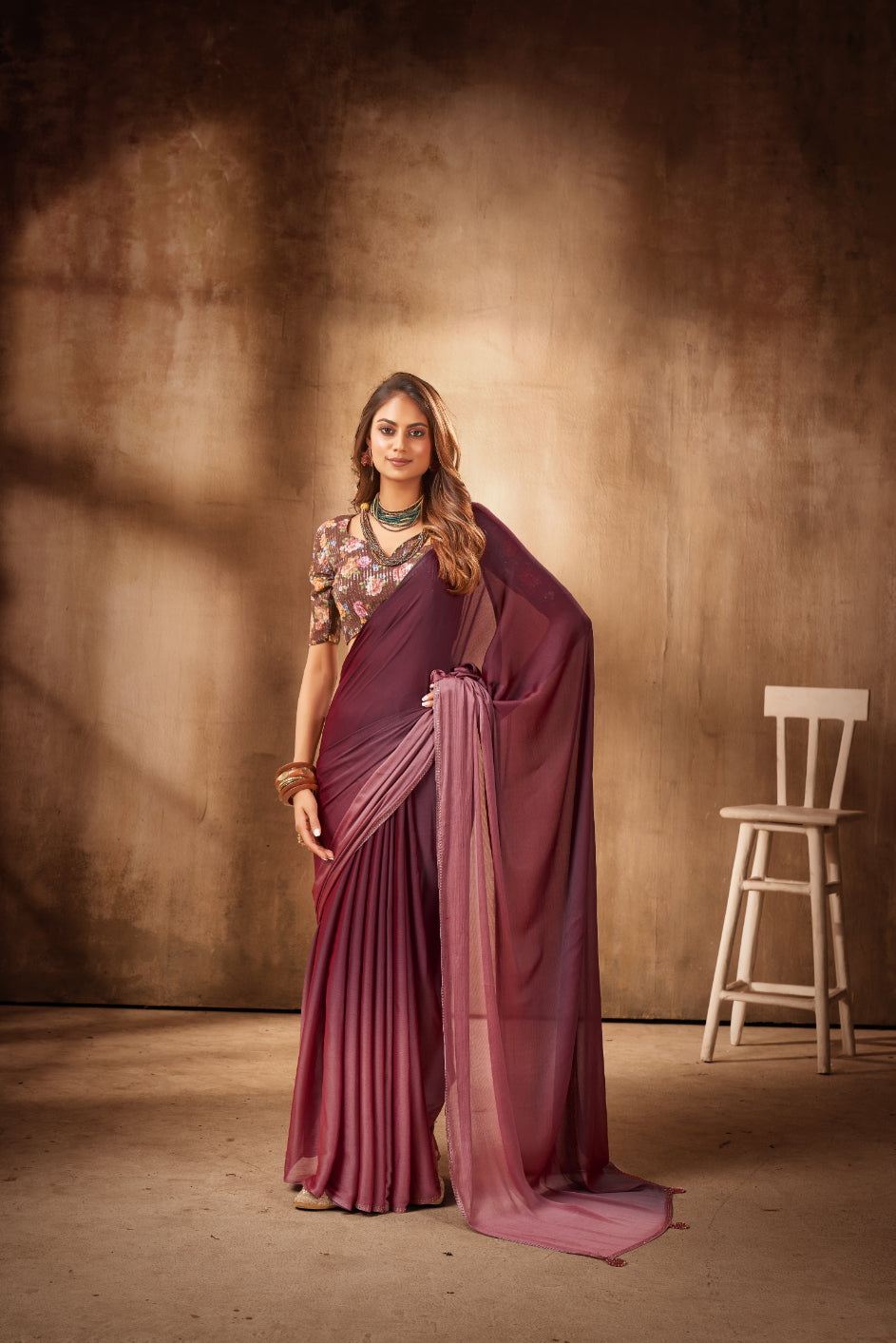 Coffee Satin Chiffon Stone Work Saree