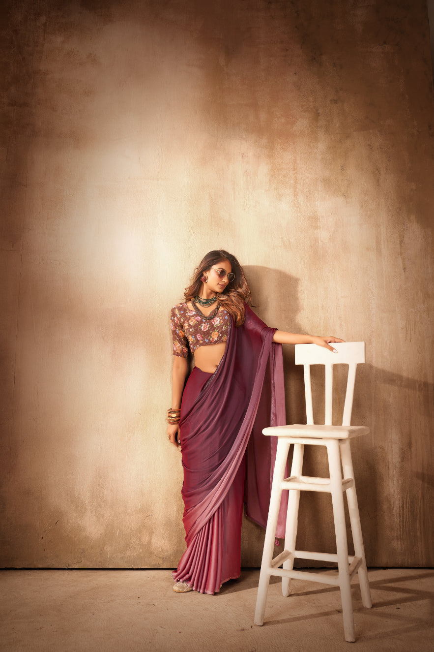 Coffee Satin Chiffon Stone Work Saree