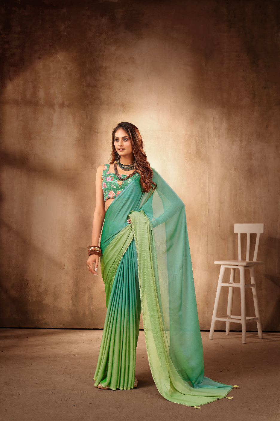 Sea Green Satin Chiffon Stone Work Saree