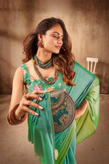 Sea Green Satin Chiffon Stone Work Saree