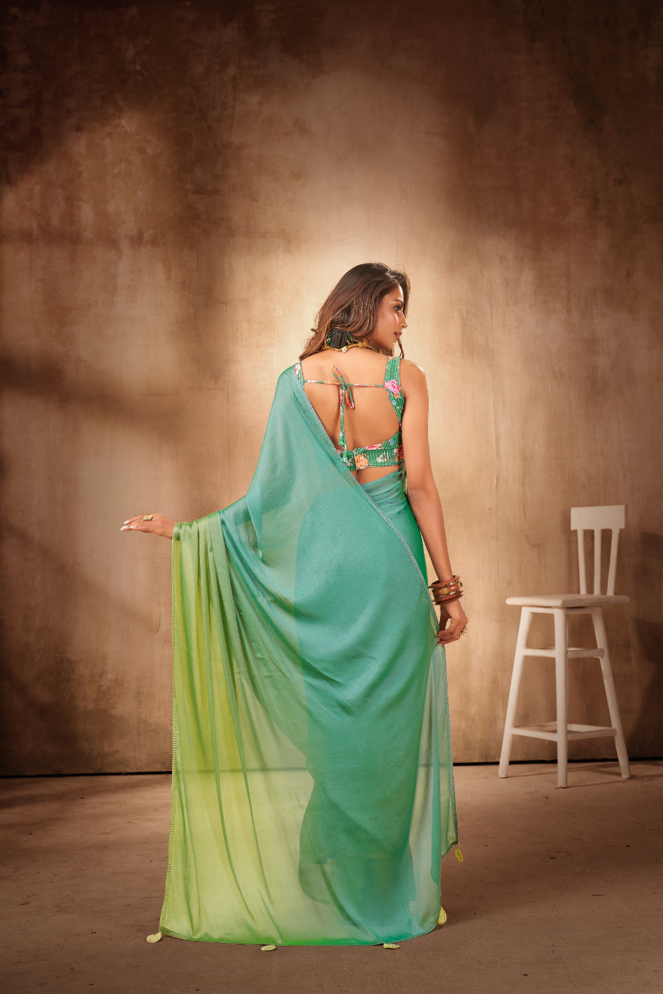 Sea Green Satin Chiffon Stone Work Saree