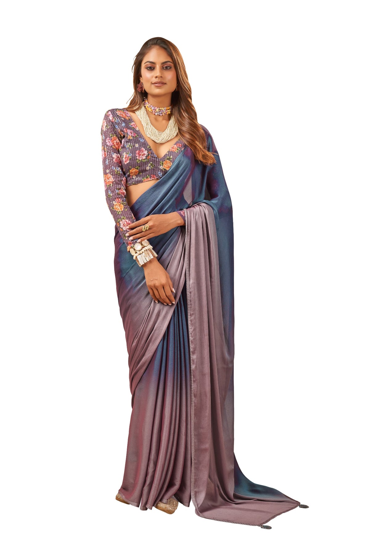 Grey Satin Chiffon Stone Work Saree