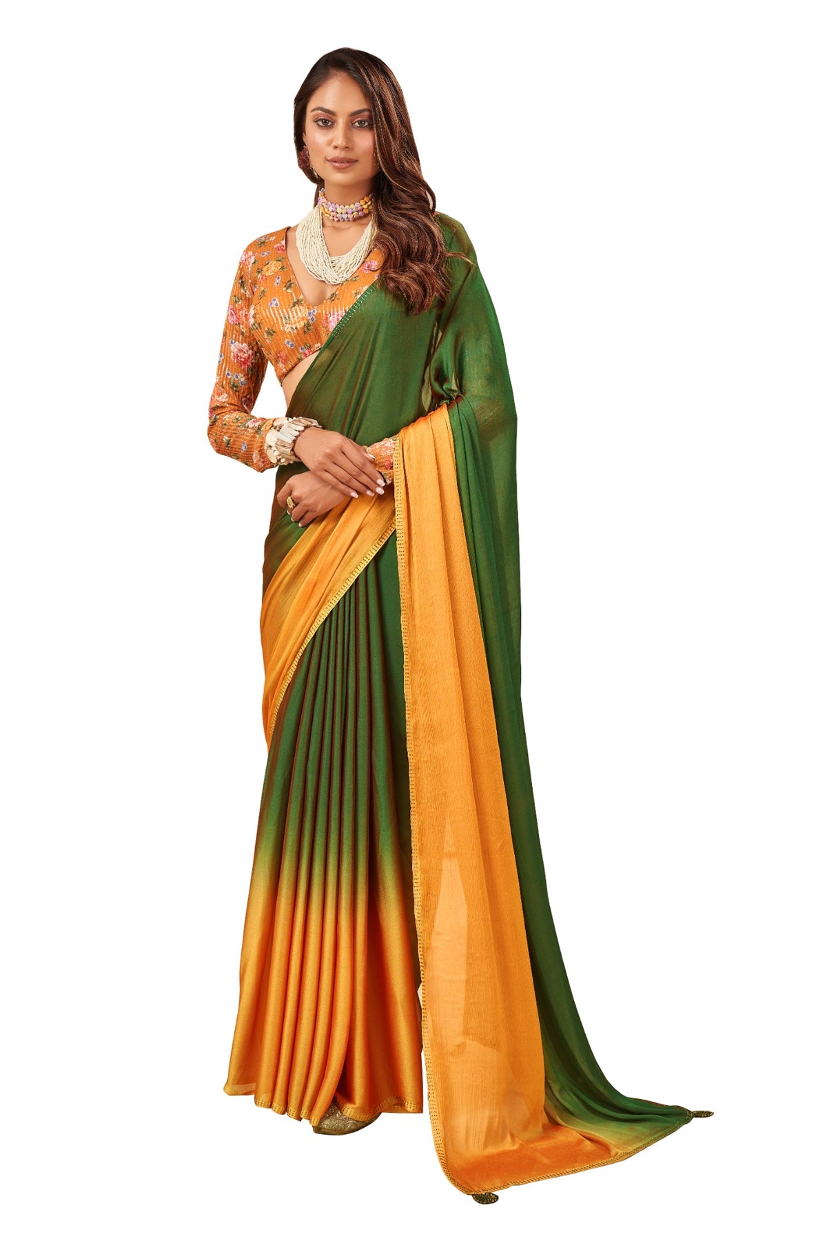 Green Satin Chiffon Stone Work Saree