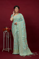 Aqua Blue Cotton Silk Chickankari Embroidery Cut Work Saree