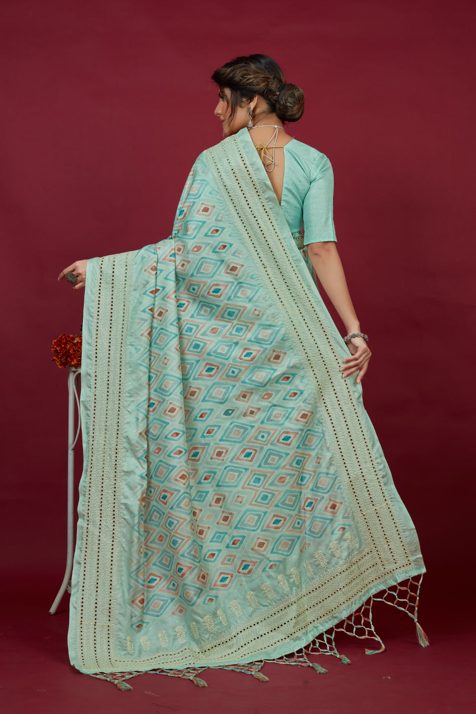 Aqua Blue Cotton Silk Chickankari Embroidery Cut Work Saree