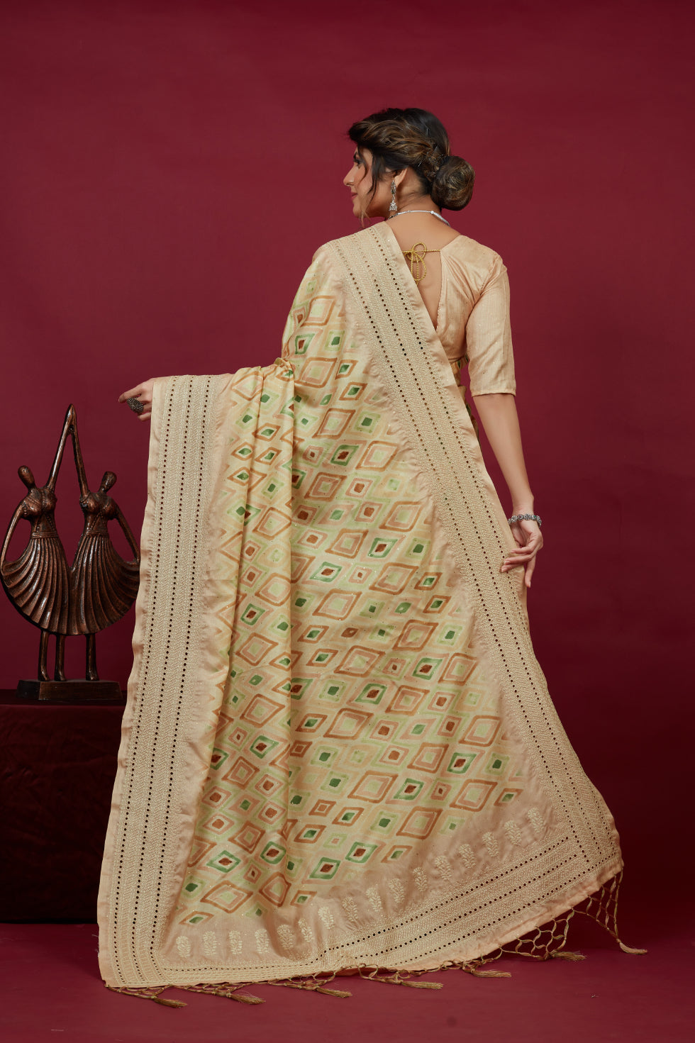 Beige Cotton Silk Chickankari Embroidery Cut Work Saree