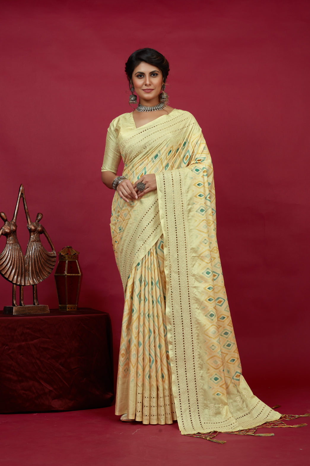 Lime Cotton Silk Chickankari Embroidery Cut Work Saree