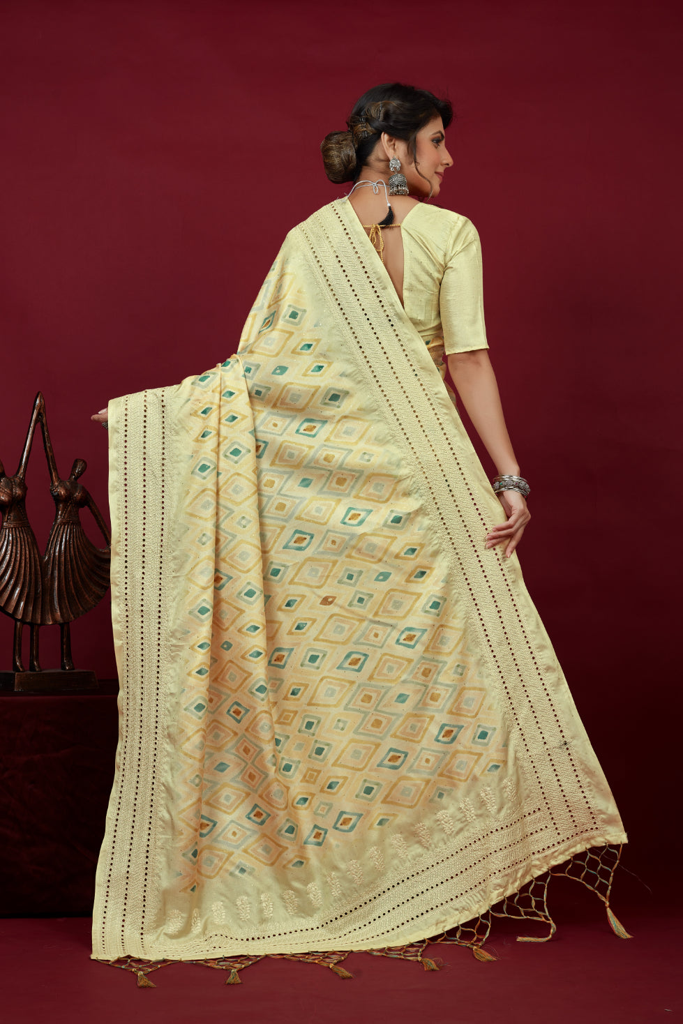 Lime Cotton Silk Chickankari Embroidery Cut Work Saree