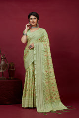 Olive Green Cotton Silk Chickankari Embroidery Cut Work Saree