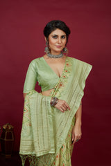 Olive Green Cotton Silk Chickankari Embroidery Cut Work Saree