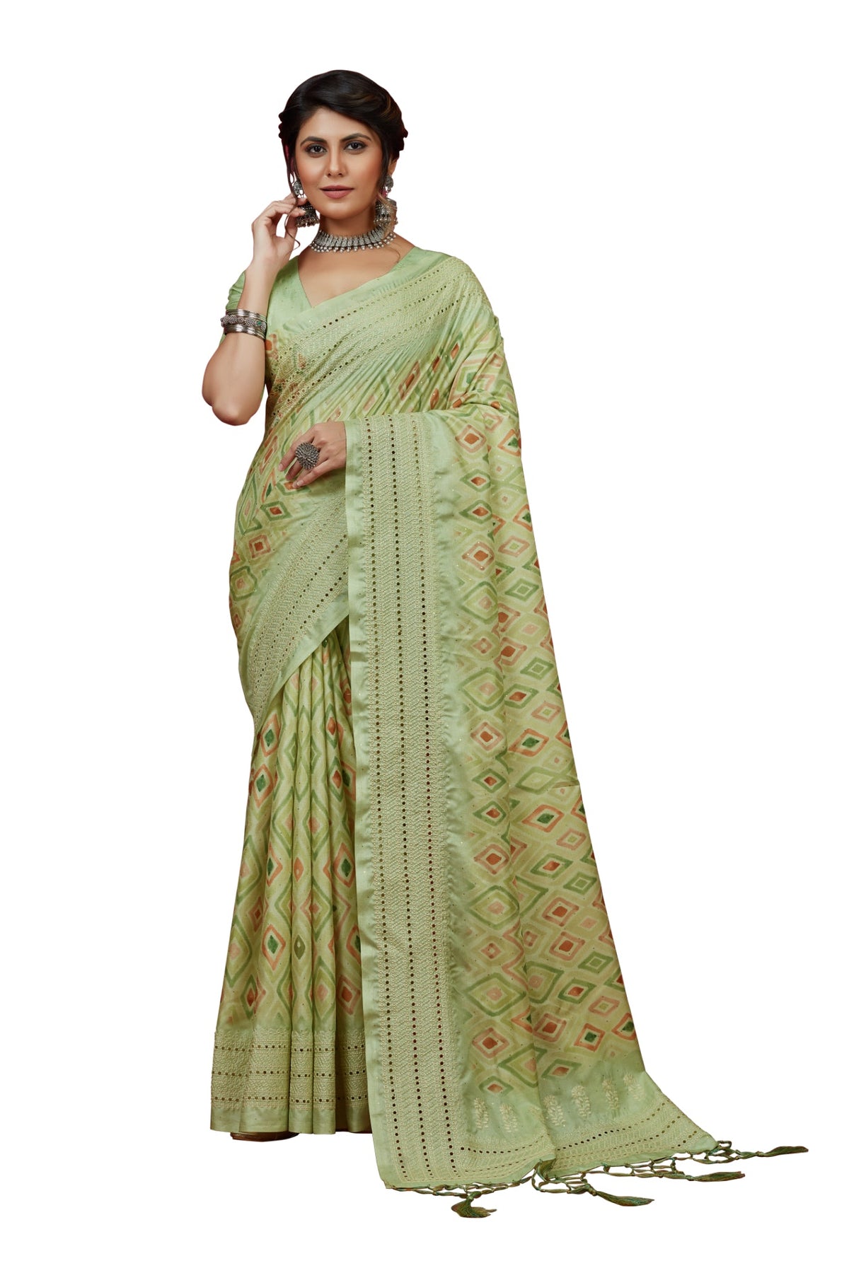 Olive Green Cotton Silk Chickankari Embroidery Cut Work Saree