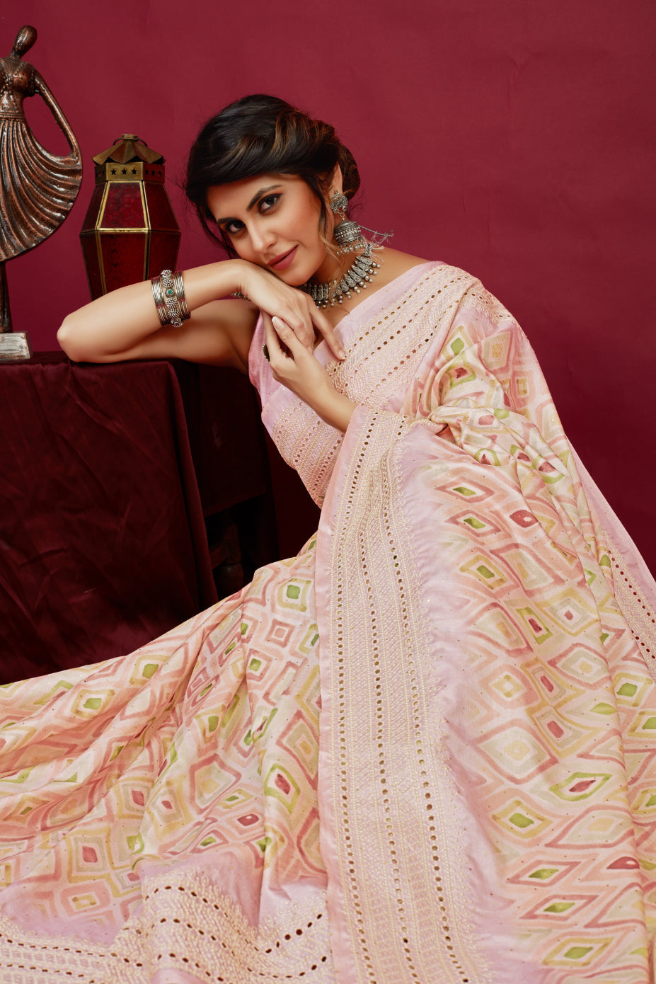 Pink Cotton Silk Chickankari Embroidery Cut Work Saree