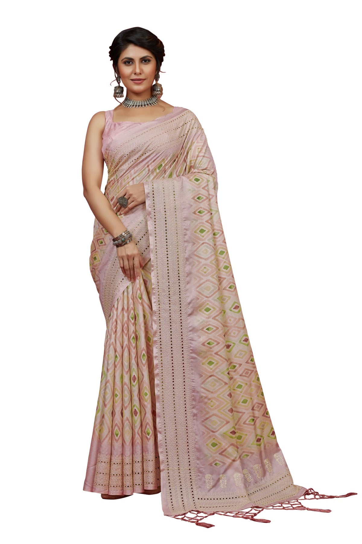 Pink Cotton Silk Chickankari Embroidery Cut Work Saree