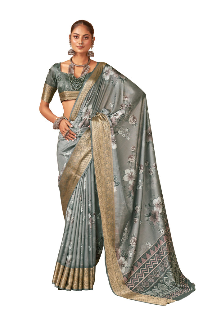 Traditional Ethnicwear Grey Cotton Silk Digital Floral Print Saree
