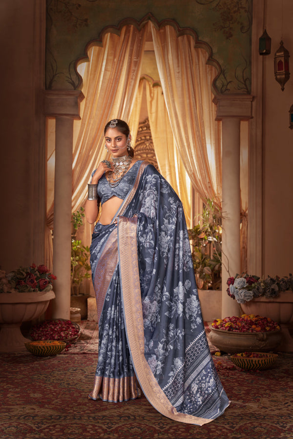 Traditional Ethnicwear Navy Blue Cotton Silk Digital Floral Print Saree