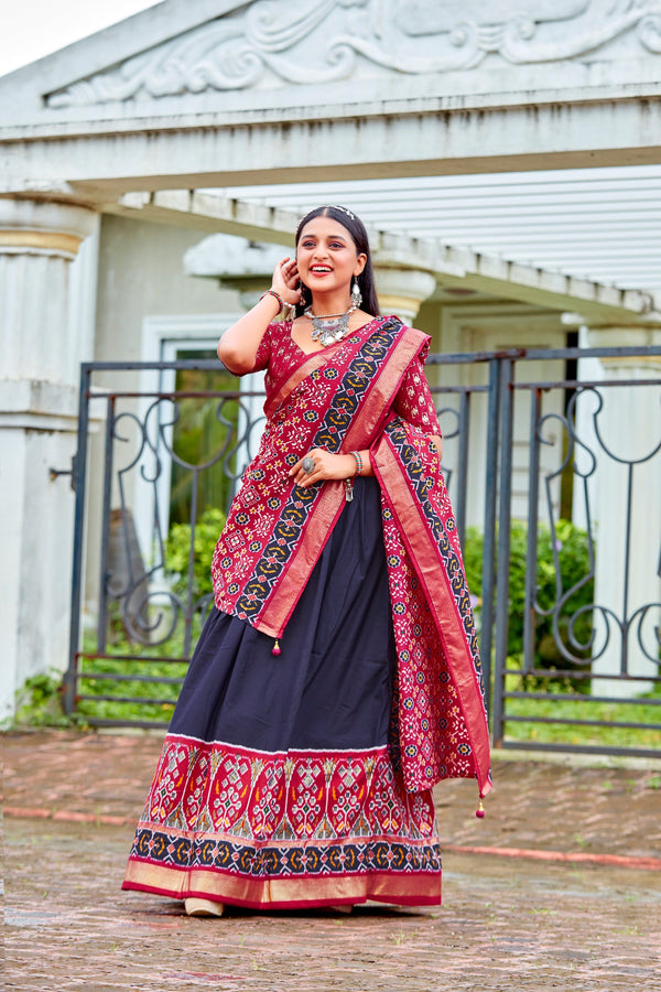 Dark Blue Readymade Indian Cotton Silk Lehenga Choli Set for Women With Designer Blouse and Dupatta For Wedding