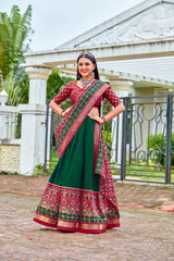 Dark Green Readymade Indian Cotton Silk Lehenga Choli Set for Women With Designer Blouse and Dupatta For Wedding