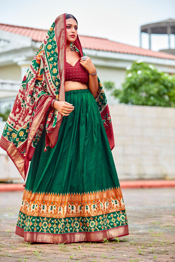 Dark Green Readymade Indian Cotton Silk Lehenga Choli Set for Women With Designer Blouse and Dupatta For Wedding