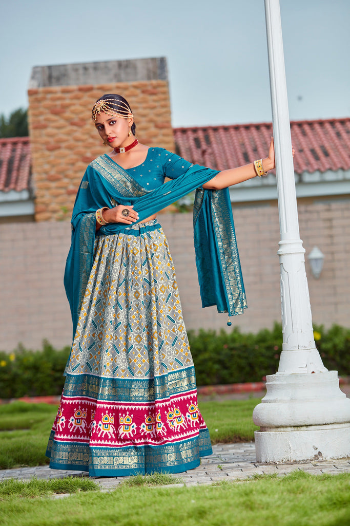 Grey Readymade Indian Cotton Silk Lehenga Choli Set for Women With Designer Blouse and Dupatta For Wedding